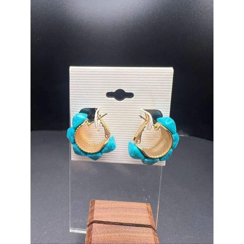 Gold Tone Chunky Faux Turquoise Hoop Earrings